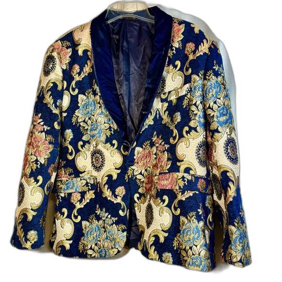 Kent & Park Blue and Gold Floral Blazer size 52R  solid sateen shawl collar - Picture 2 of 9